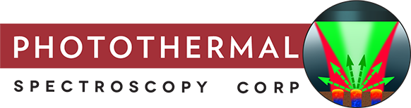 Photothermal Logo: Photothermal Brand name in bold, white running across a red banner with the rest of the company name in black below. The red banner merges with a small graphic at the right end inside a circular frame. 