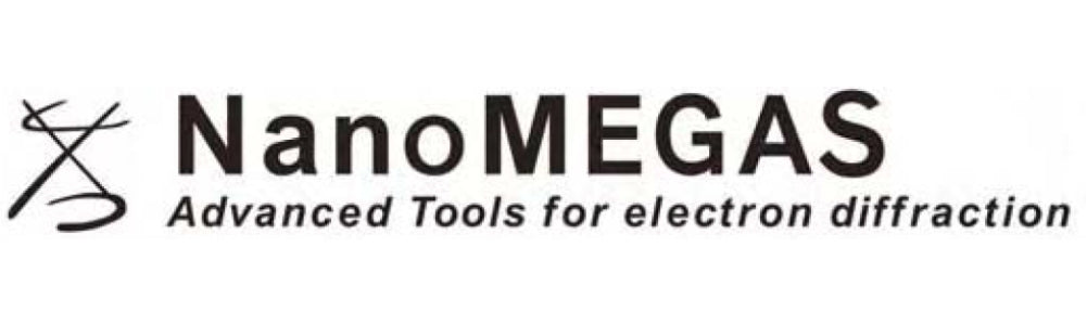 NanoMEGAS Logo: A small graphic followed by NanoMEGAS brand name in black and bold text. This is followed by the brand tagline below which reads as Advanced Tools for Electron Diffraction in black color text. 