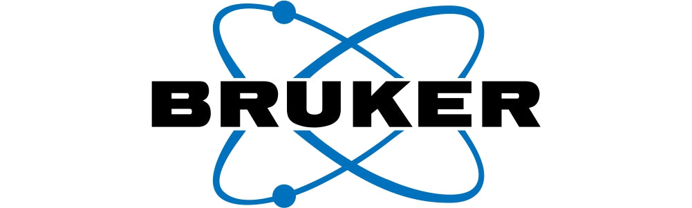 Bruker Logo: A bold, stylized Bruker in black letters against a web of two blue, cylindrical rings in an interconnected design element. 