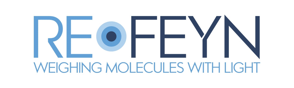 Refeyn Logo: A bold Refeyn brand name in light and dark blue colours with a circle with many layers in blue colors after the letter E. The brand name has a title below that reads "Weighing Molecules With Light"  in same light blue color.. 